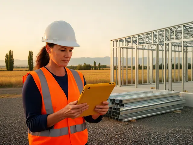 Builder in a white hard hat and orange vest reviewing a yellow-cased tablet beside a steel-framed building