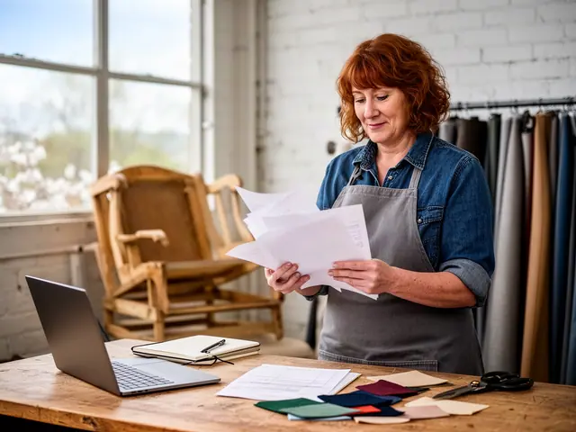 Red-haired woman in a denim shirt and grey apron reviewing papers at a workbench with fabric swatches and a laptop